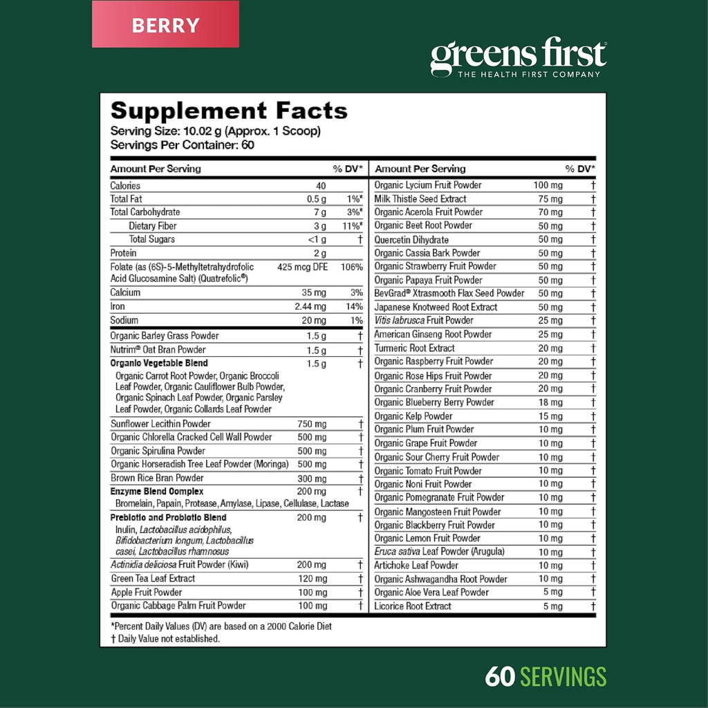 Greens First Original Greens Powder - 49 Superfoods - Organic Fruits and Vegetables - Prebiotics, Probiotics & Digestive Enzymes - Antioxidant Smoothie - Dairy Free, Vegan & Non-GMO - Berry Flavor - 60 Servings
