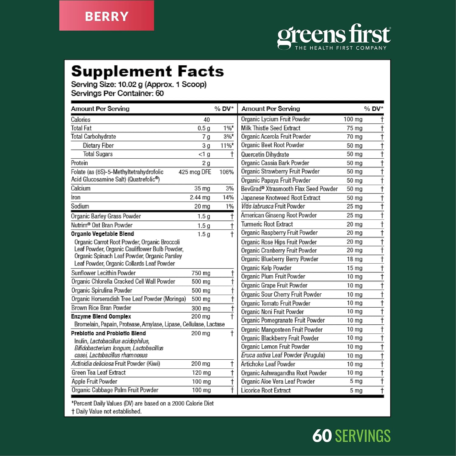 Greens First Original Greens Powder - 49 Superfoods - Organic Fruits and Vegetables - Prebiotics, Probiotics & Digestive Enzymes - Antioxidant Smoothie - Dairy Free, Vegan & Non-GMO - Berry Flavor - 60 Servings