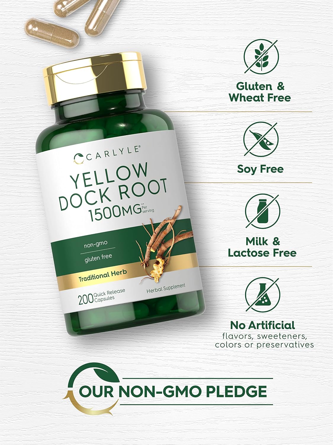 Cápsulas de Raíz de Yellow Dock de Carlyle | 200 Cápsulas | Sin OGM, Sin Gluten | Fórmula de Alta Potencia | Hierba Tradicional