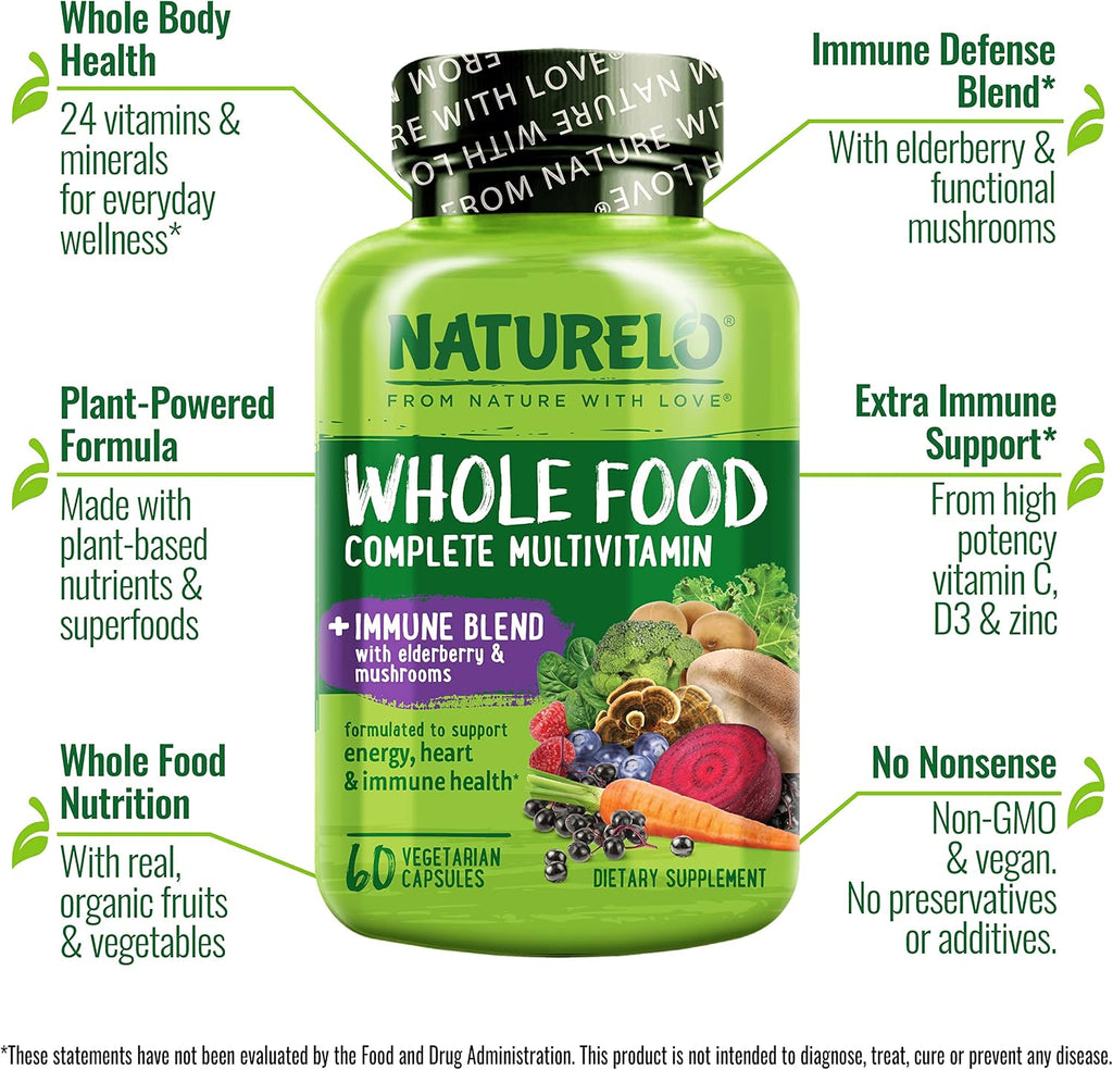 NATURELO Whole Food Multivitamin + Immune Blend – Multivitamínico Completo con Apoyo Inmunológico (60 Cápsulas Veganas, Pack de 2)