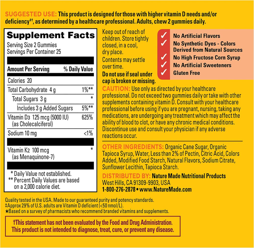 Nature Made Vitamin D3 K2 Gummies – 5000 UI de Vitamina D3 y 100 mcg de Vitamina K2, 50 Gominolas