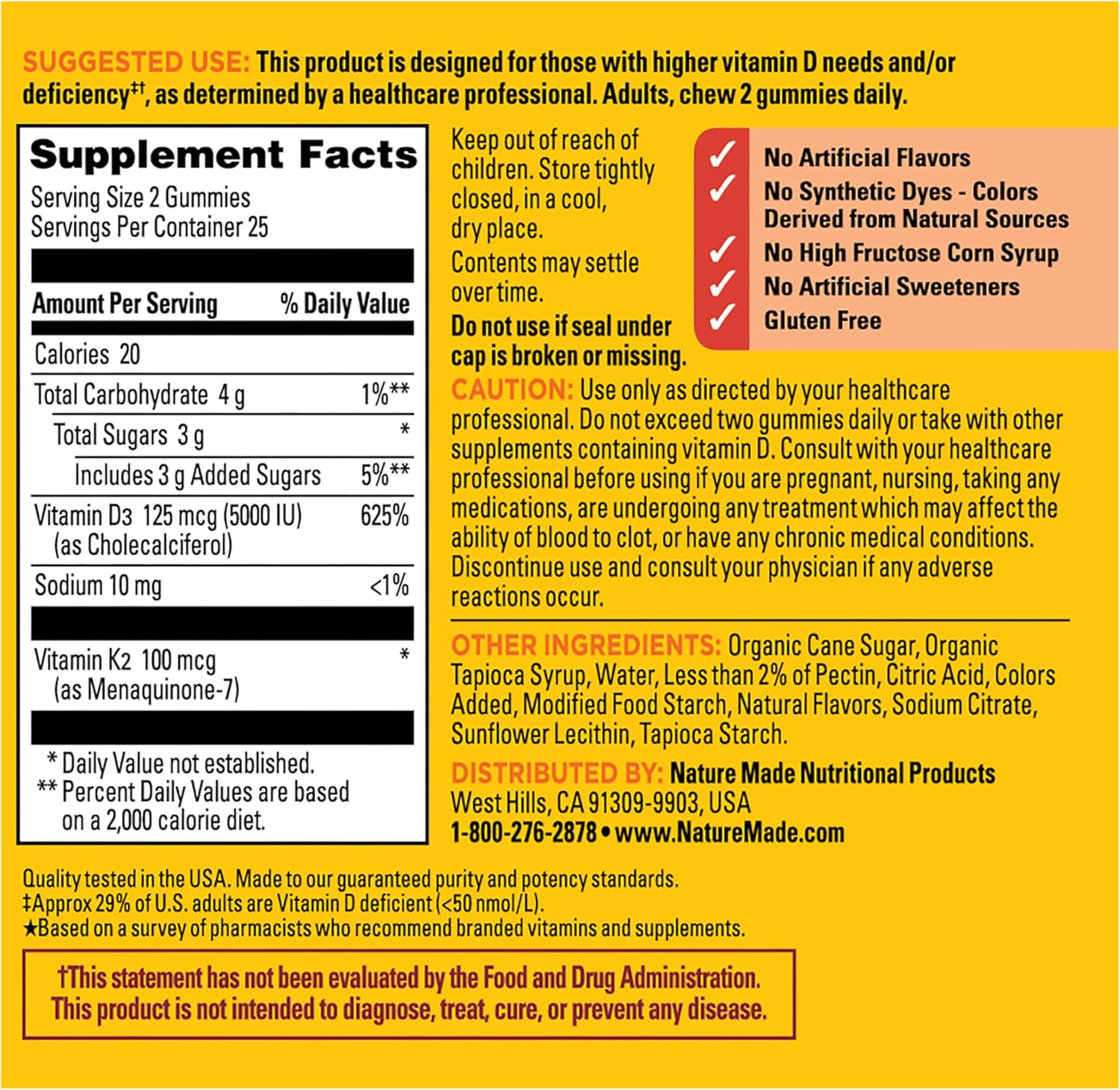 Nature Made Vitamin D3 K2 Gummies – 5000 UI de Vitamina D3 y 100 mcg de Vitamina K2, 50 Gominolas