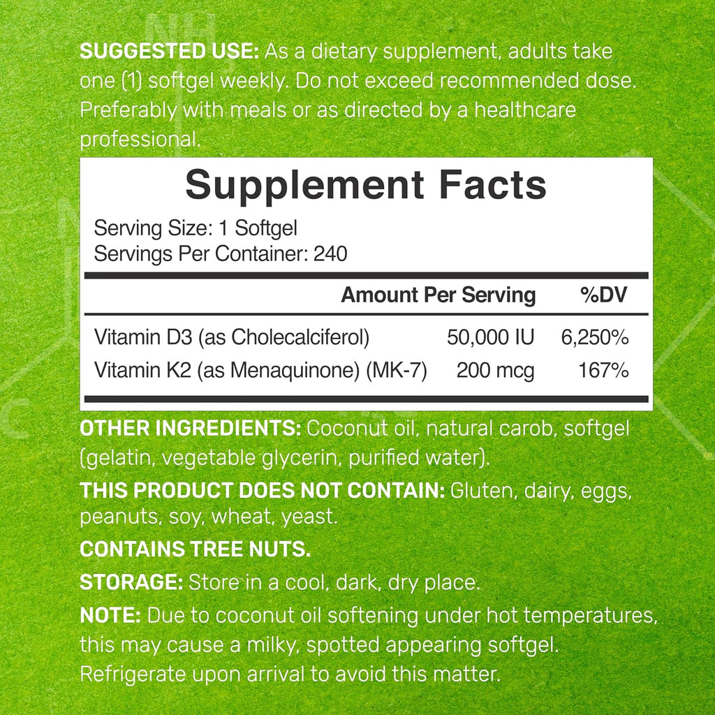 DEAL SUPPLEMENT Vitamina D3 50.000 UI + K2 MK7 200 mcg, 240 Cápsulas Blandas