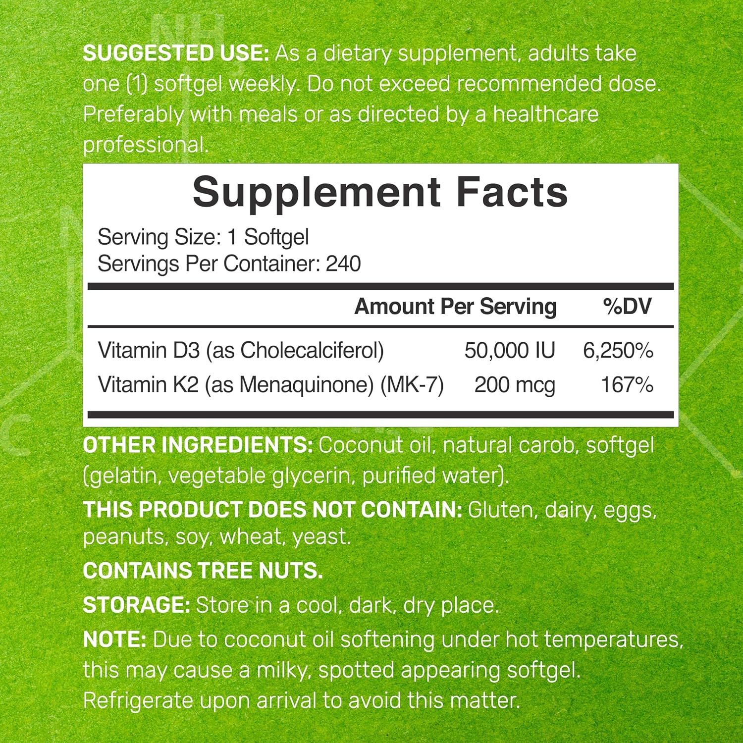 DEAL SUPPLEMENT Vitamina D3 50.000 UI + K2 MK7 200 mcg, 240 Cápsulas Blandas