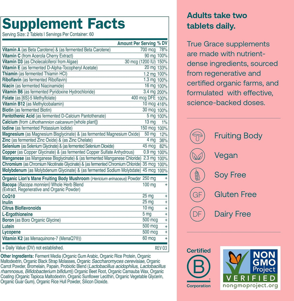 True Grace Multivitamínico Diario para Mujeres 50+ - 120 Comprimidos - Apoyo Inmunológico, Energía, Longevidad y Memoria - Vegano - Sin Gluten, Soja ni Hierro