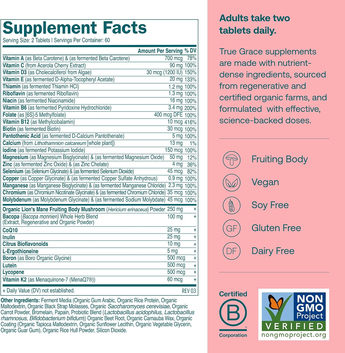 True Grace Multivitamínico Diario para Mujeres 50+ - 120 Comprimidos - Apoyo Inmunológico, Energía, Longevidad y Memoria - Vegano - Sin Gluten, Soja ni Hierro