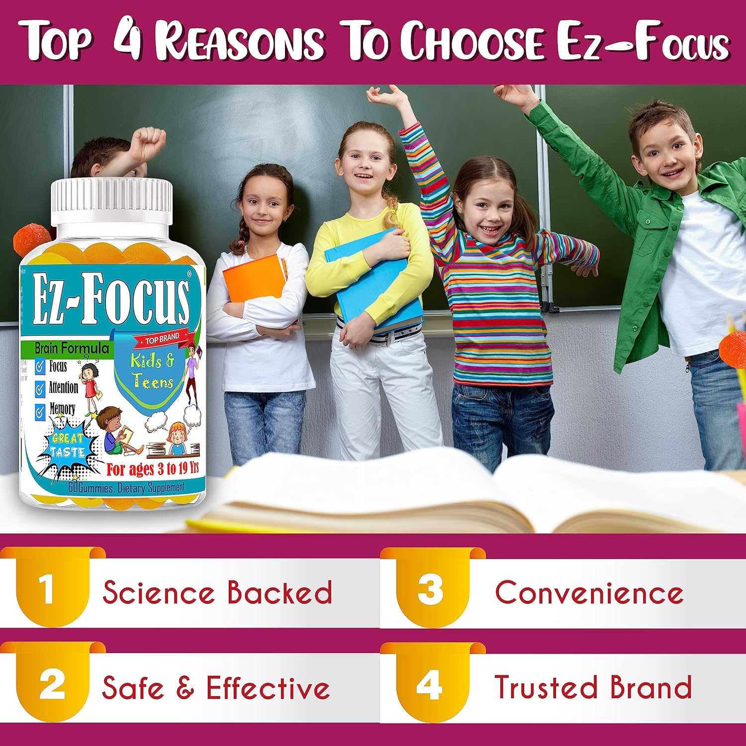 Ez-Focus Gominolas para Niños y Adolescentes – Apoyo al Enfoque Cerebral, Memoria y Concentración, DHA y Omega-3, 60 gominolas