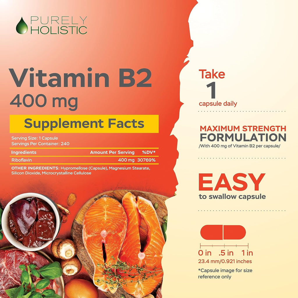 Purely Holistic Vitamina B2 Riboflavina 400mg - 240 Cápsulas Veganas, Suministro para 8 Meses - Alta Potencia - No OGM y Sin Gluten - Apoya la Producción de Energía y la Salud Celular