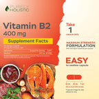 Purely Holistic Vitamina B2 Riboflavina 400mg - 240 Cápsulas Veganas, Suministro para 8 Meses - Alta Potencia - No OGM y Sin Gluten - Apoya la Producción de Energía y la Salud Celular