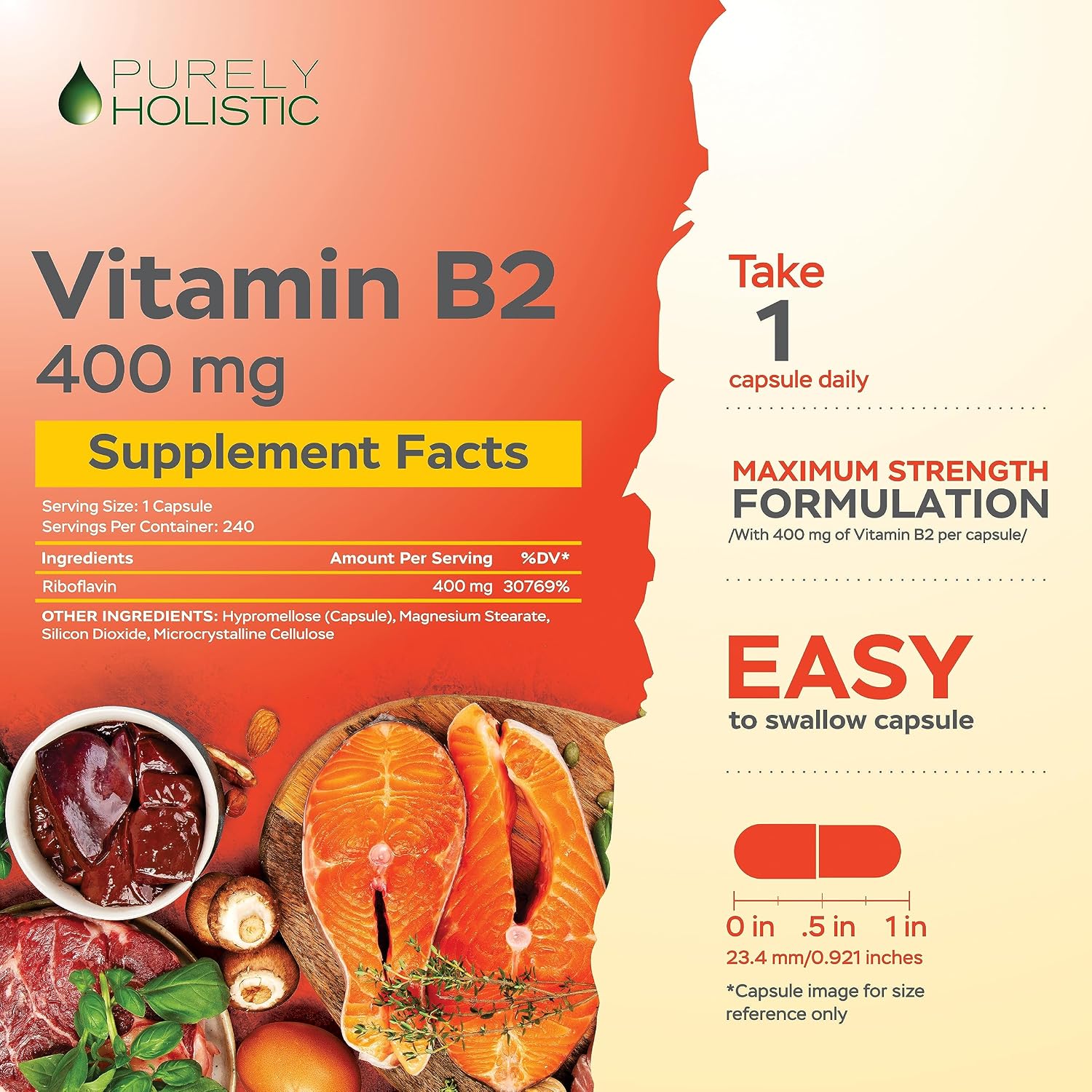 Purely Holistic Vitamina B2 Riboflavina 400mg - 240 Cápsulas Veganas, Suministro para 8 Meses - Alta Potencia - No OGM y Sin Gluten - Apoya la Producción de Energía y la Salud Celular