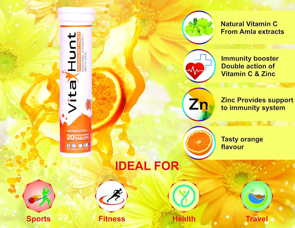VitaHunt Vitamina C 1000 mg con Zinc - 20 Comprimidos Efervescentes Sabor Naranja