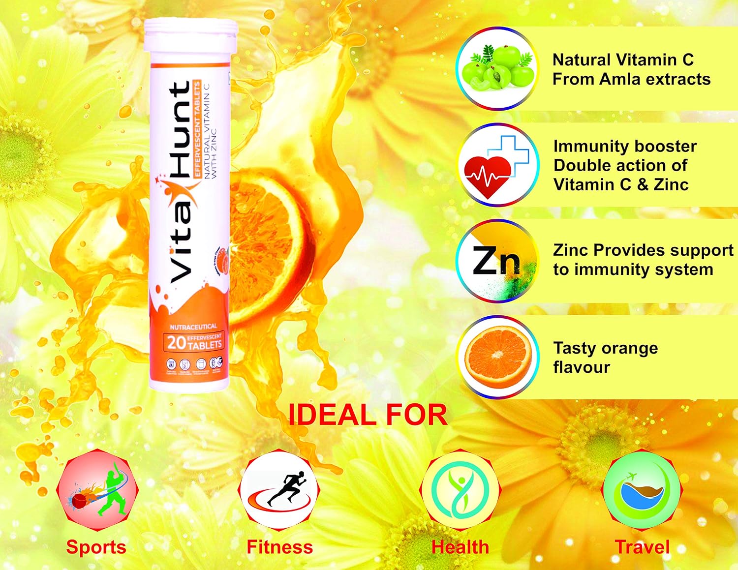 VitaHunt Vitamina C 1000 mg con Zinc - 20 Comprimidos Efervescentes Sabor Naranja