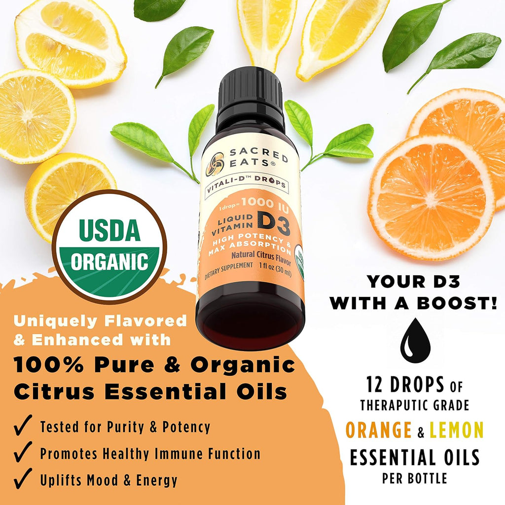 Gotas Líquidas Orgánicas de Vitamina D3 – 1000 IU, Sabor Cítrico