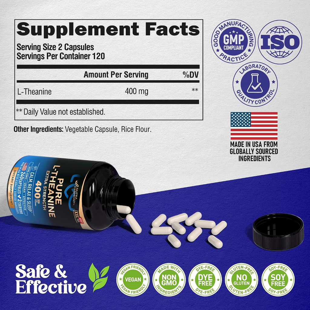 L-Teanina 400 mg | Suplemento de Relajación y Sueño | 240 Cápsulas Veganas