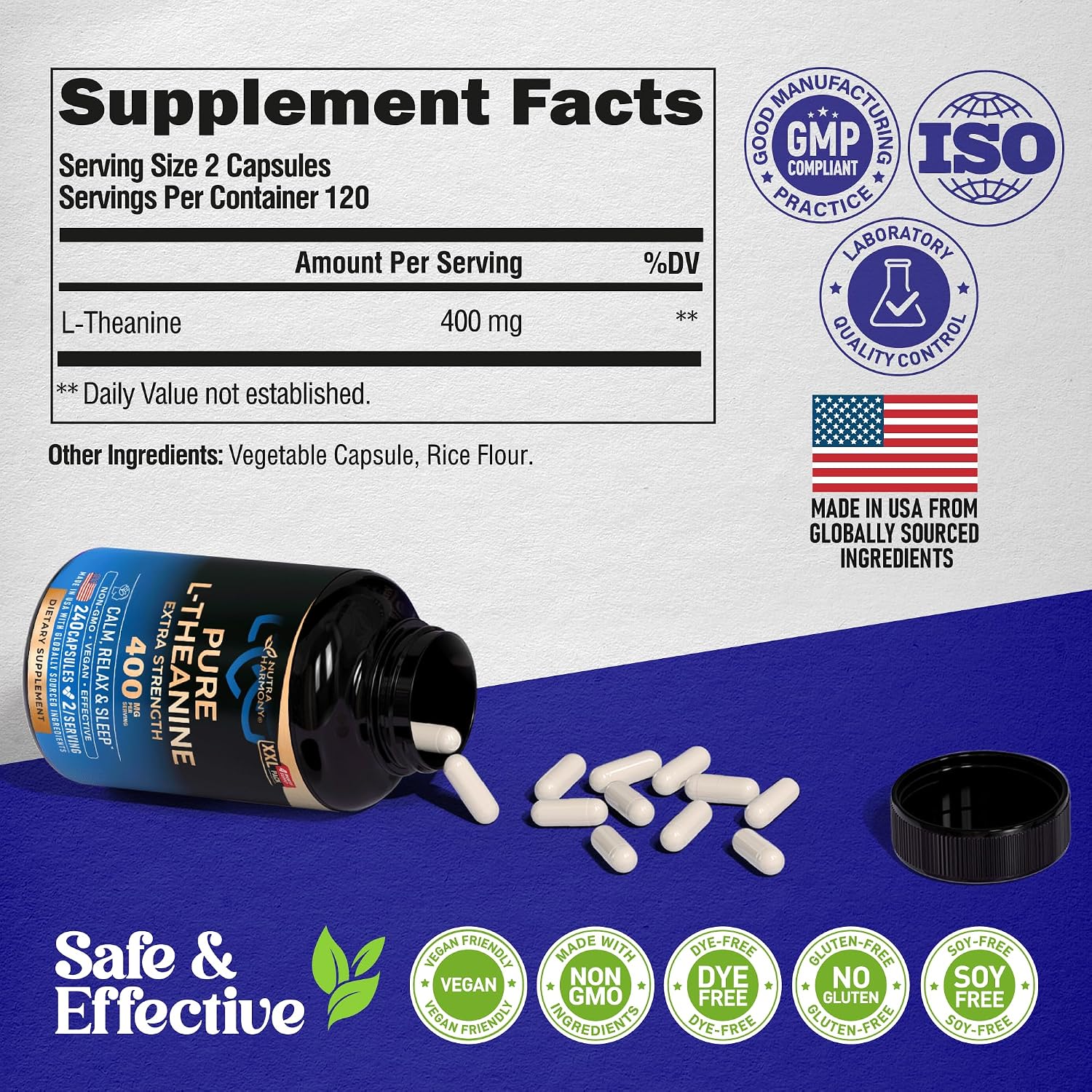 L-Teanina 400 mg | Suplemento de Relajación y Sueño | 240 Cápsulas Veganas