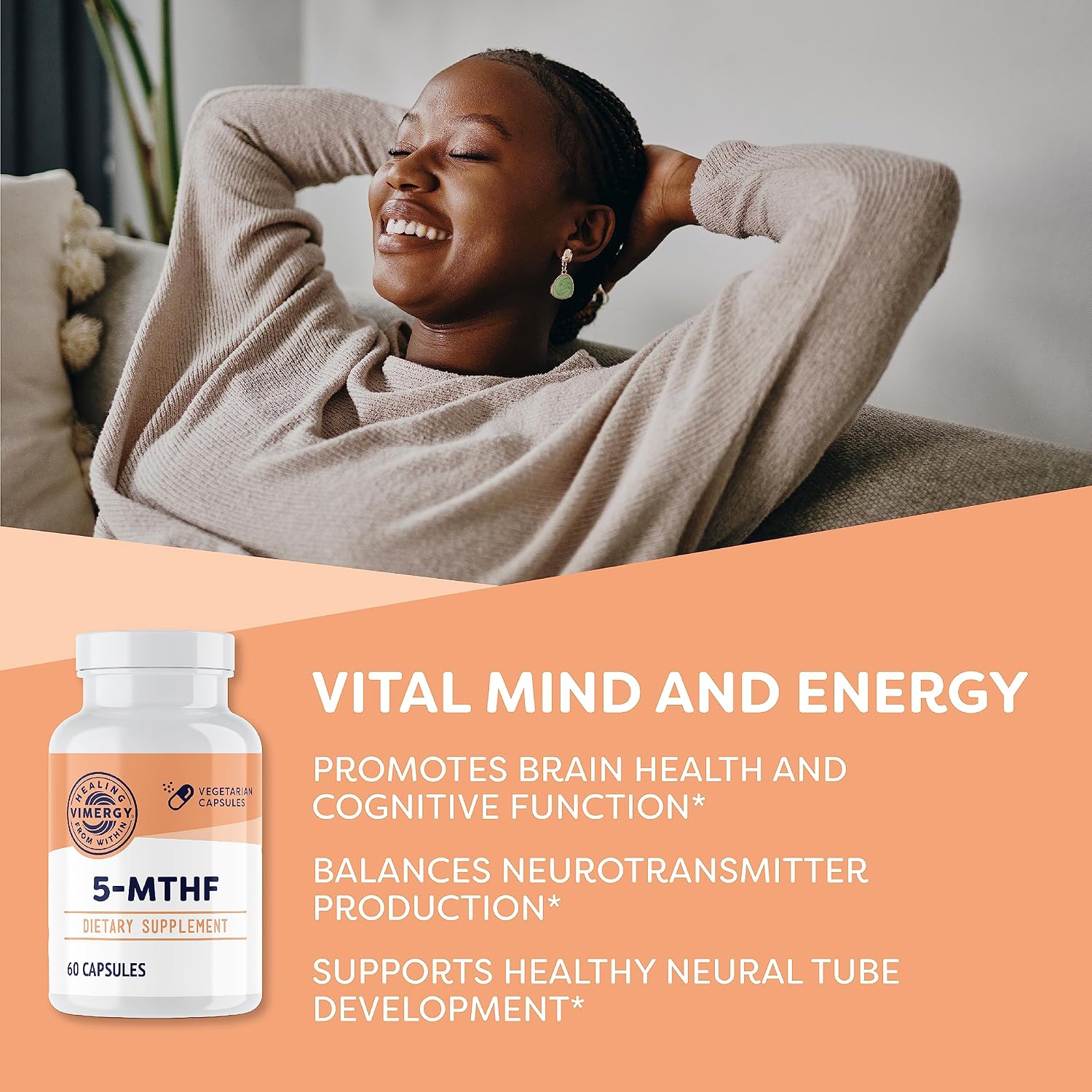 Vimergy 5-MTHF Cápsulas, 60 dosis, 5 mg L-Metilfolato + 500 mcg Vitamina B12, Complemento vegano