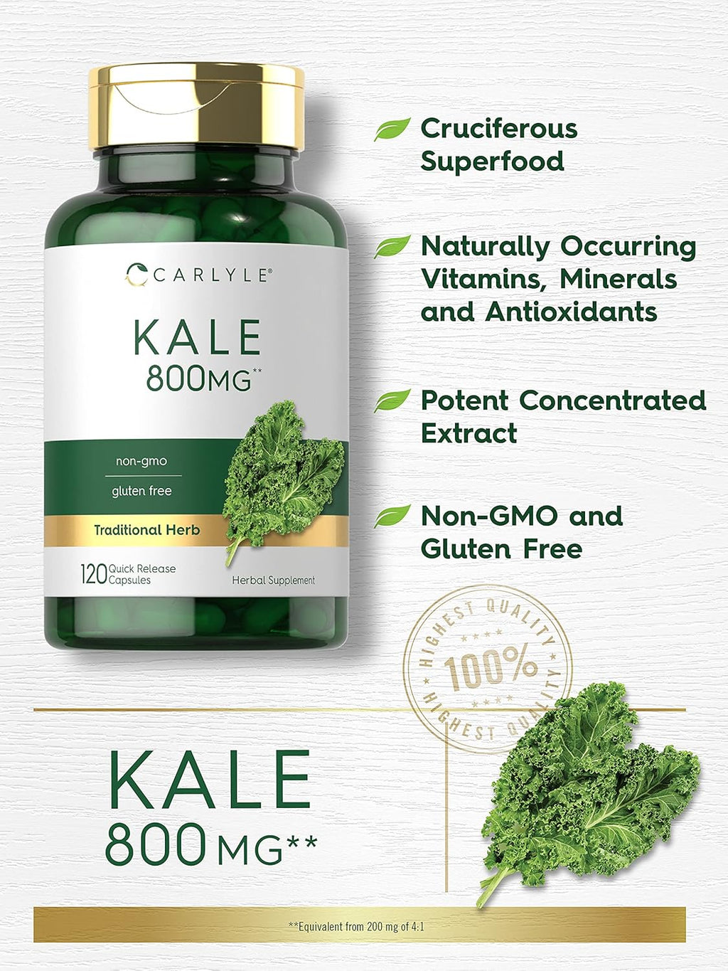 Carlyle Suplemento de Kale | 120 Cápsulas | Extracto de Hoja | Sin Gluten y No-GMO