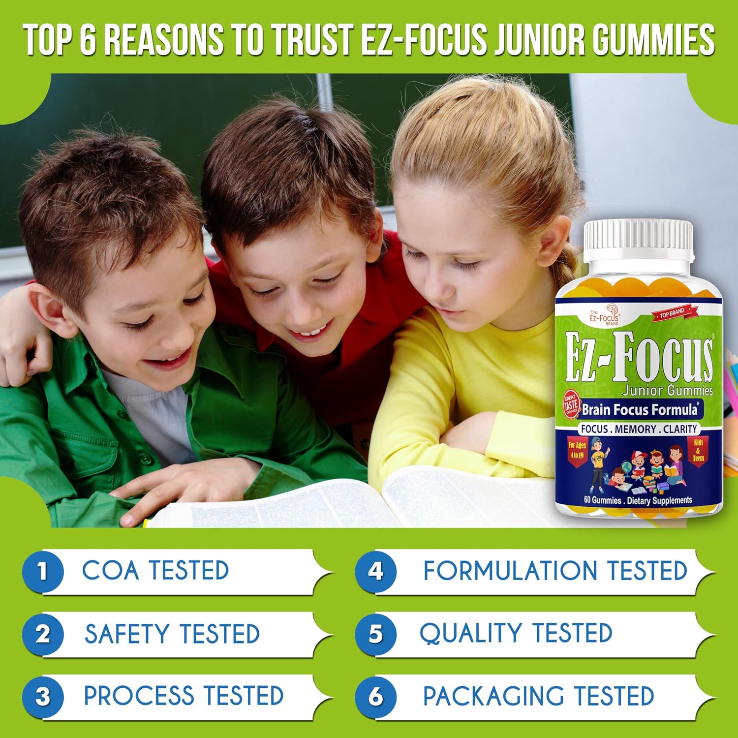 Ez-Focus Junior Gomitas de DHA para niños y adolescentes: memoria, concentración y enfoque, 60 gomitas masticables