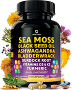 LetaGreen Cápsulas de Sea Moss 17 en 1 – Mezcla Multimineral con Ashwagandha y Vitaminas D3, K2 y C – 120 Cápsulas