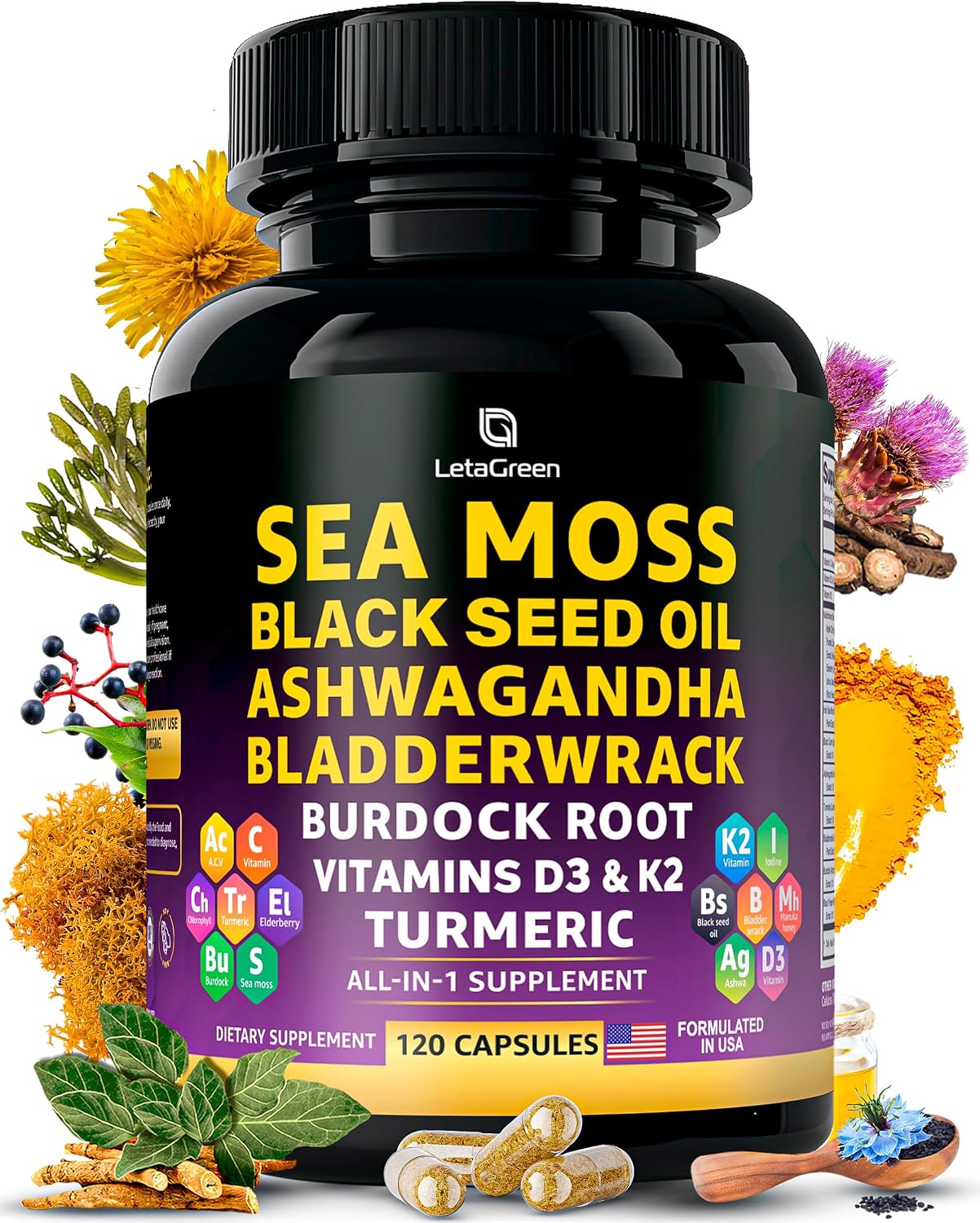 LetaGreen Cápsulas de Sea Moss 17 en 1 – Mezcla Multimineral con Ashwagandha y Vitaminas D3, K2 y C – 120 Cápsulas