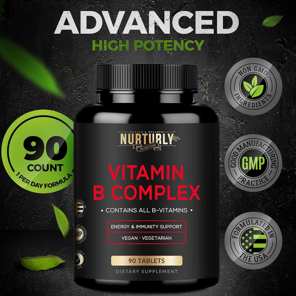 NURTURLY Vitamin B Complex - Complejo B Completo con Biotina - 90 Comprimidos