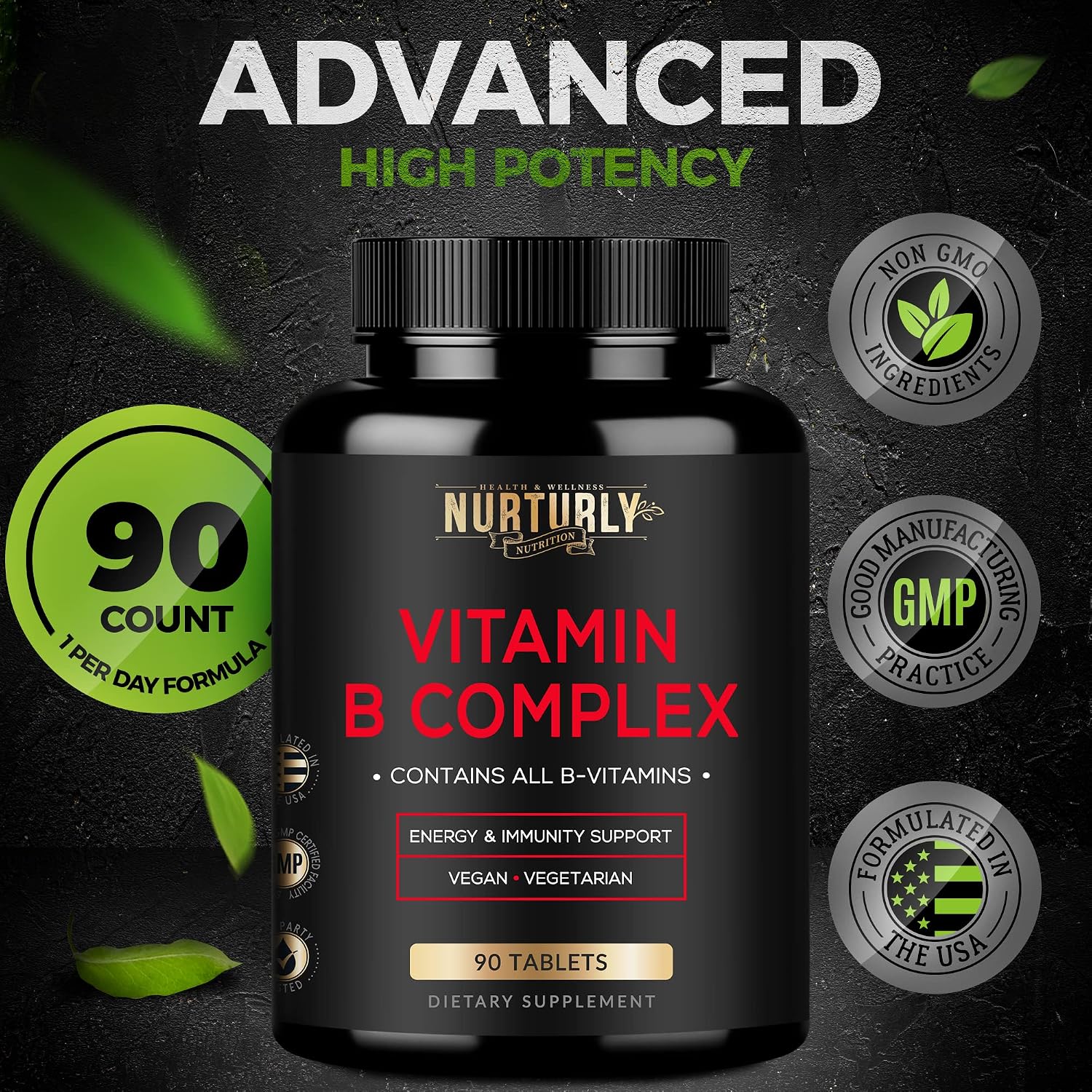 NURTURLY Complejo B – Vitaminas B1, B2, B3, B5, B6, B7, B9, B12 y Biotina – 180 Comprimidos