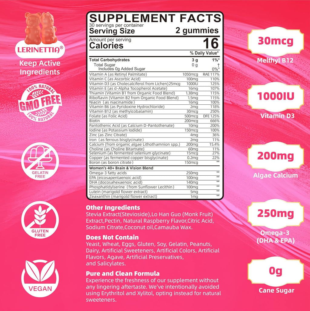 Multivitamínico en Gominolas para Mujeres 40+ con Omega-3, Niacinamida, Complejo B, Luteína, Hierro, Colina, Fosfatidilserina, Vitamina D3 - Vegano, Sin Azúcar, 120 Gominolas