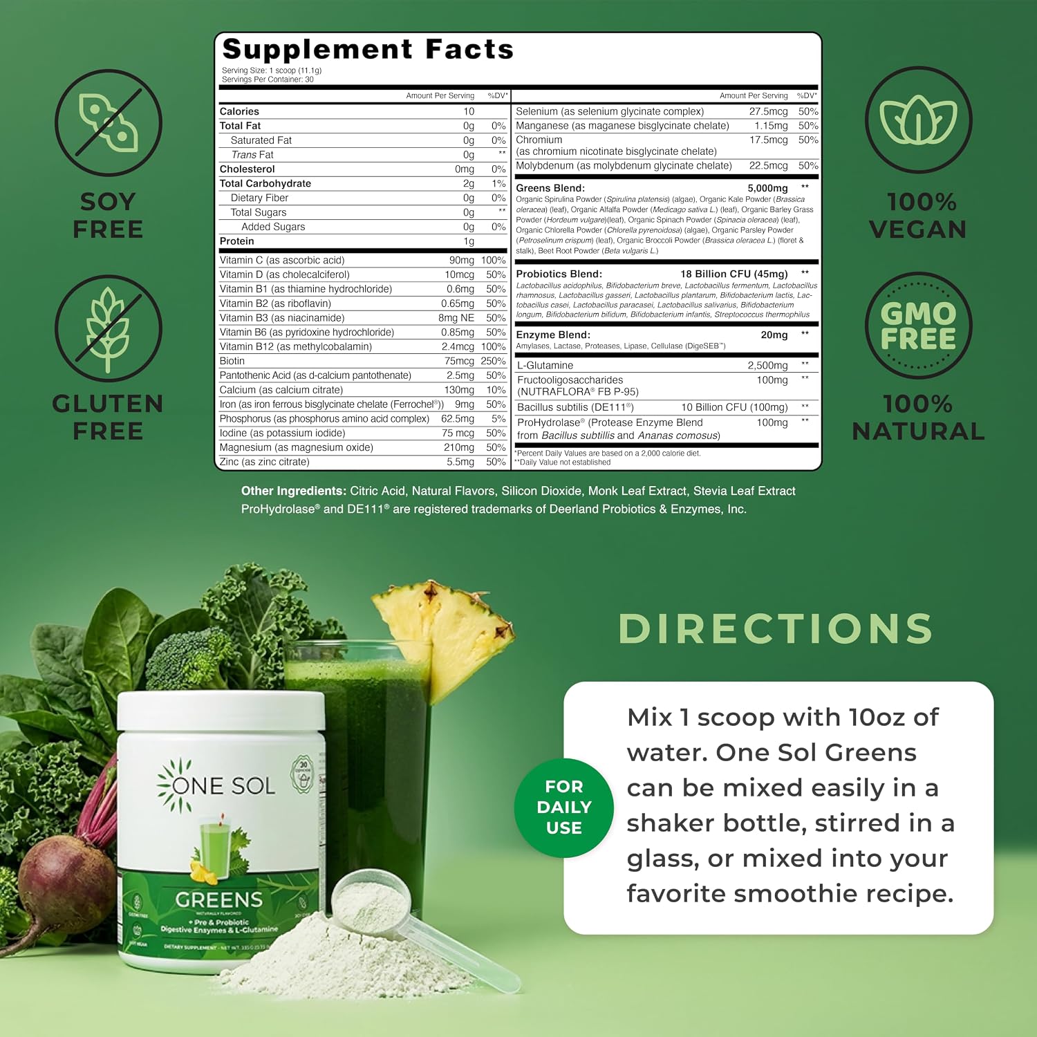 One Sol Greens, Super Greens en Polvo para Reducir la Hinchazón y Mejorar la Salud Digestiva, Mezcla de Superalimentos para Batidos, Prebiótico y Probiótico con Enzimas Digestivas, Vegano y Sin Soja