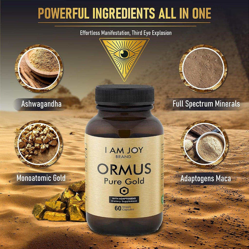 I Am Joy co. Ormus Gold Cápsulas - Elementos Monoatómicos con Adaptógenos, Maca y Ashwaganda - 60 Cápsulas Veganas