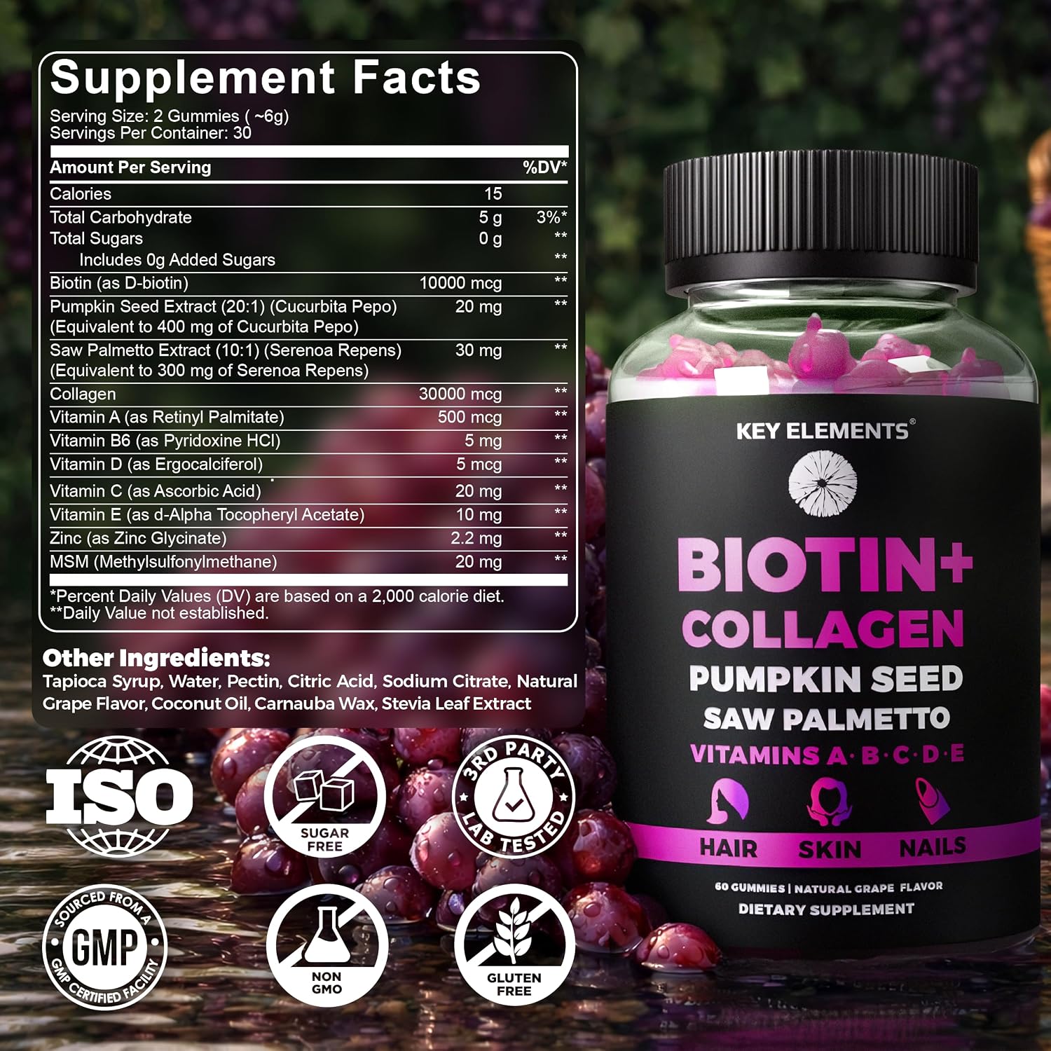 KEY ELEMENTS Gomitas de Biotina 10000mcg y Colágeno para Cabello, Piel y Uñas