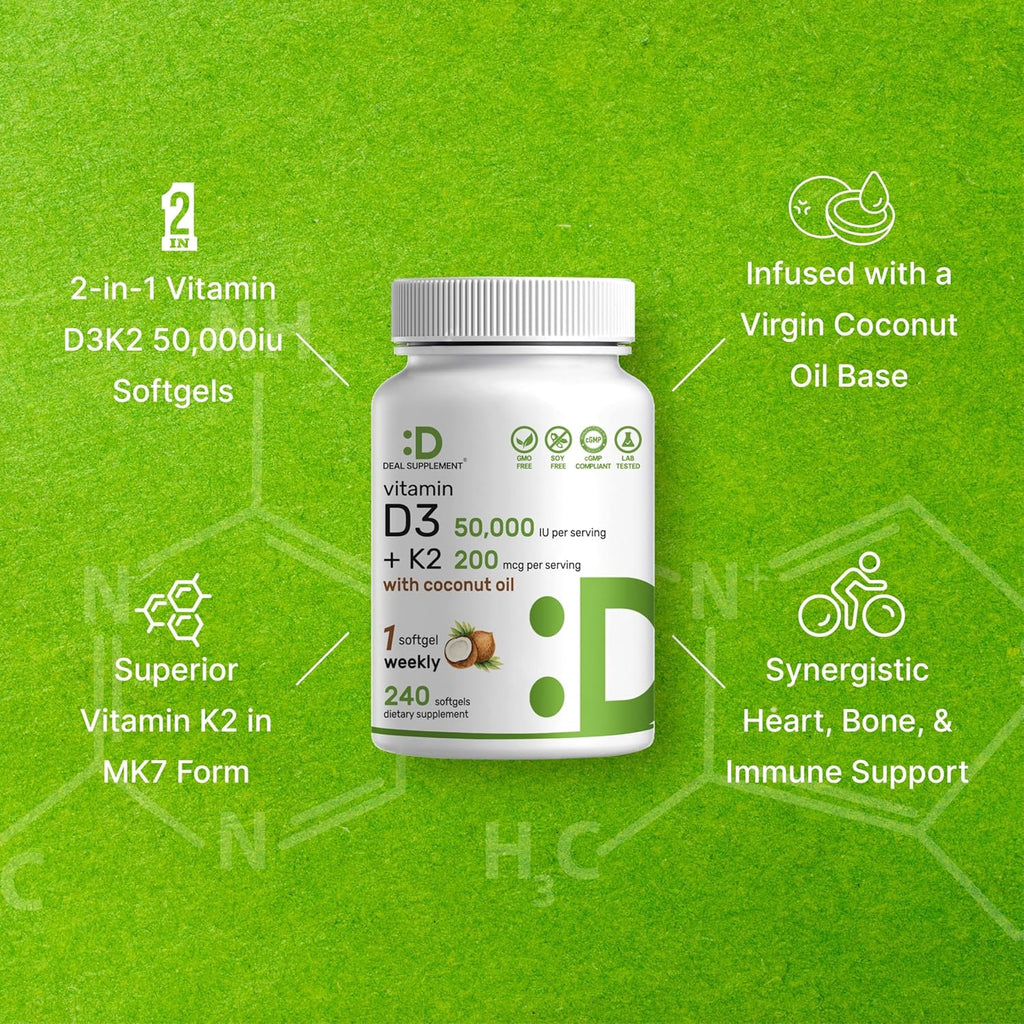 DEAL SUPPLEMENT Vitamina D3 50.000 UI + K2 MK7 200 mcg, 240 Cápsulas Blandas