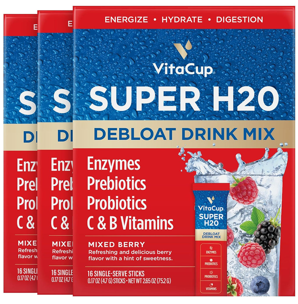 VitaCup Super H2O Mezcla en Polvo para Alivio de la Hinchazón y Salud Digestiva, con Probióticos, Prebióticos, Vitaminas C y B, Sabor a Bayas, 32 Sobres