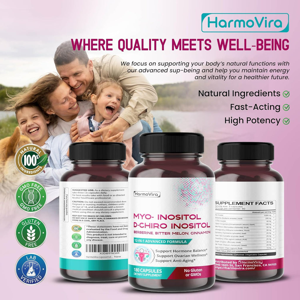 HarmoVira Myo-Inositol + D-Chiro Inositol 12-en-1 – 180 Cápsulas – No Transgénico, Sin Gluten