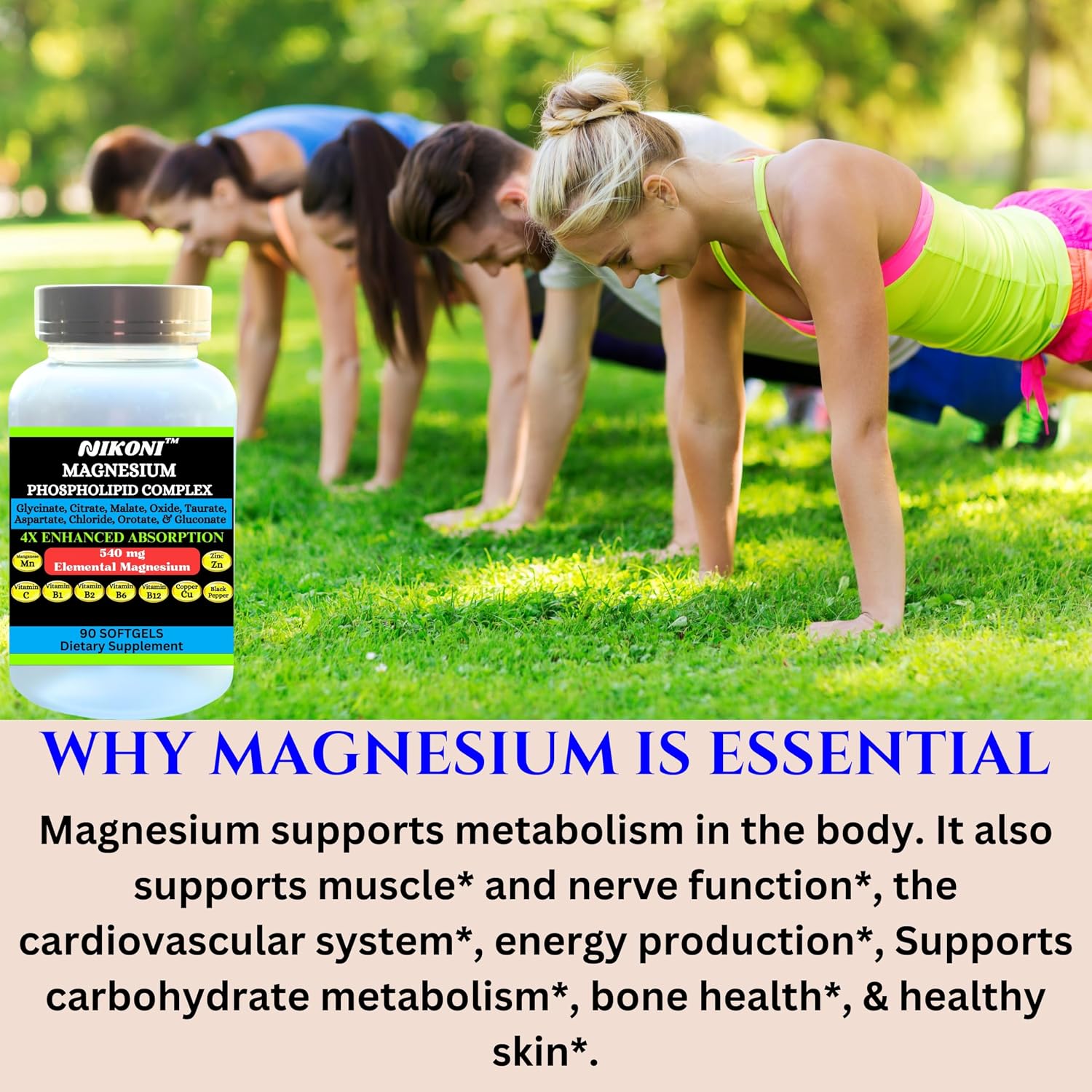 Nikoni Phospholipid Magnesium Complex 2500mg (9 Sales de Magnesio, 5 Vitaminas y 3 Minerales) (180 Cápsulas Blandas)