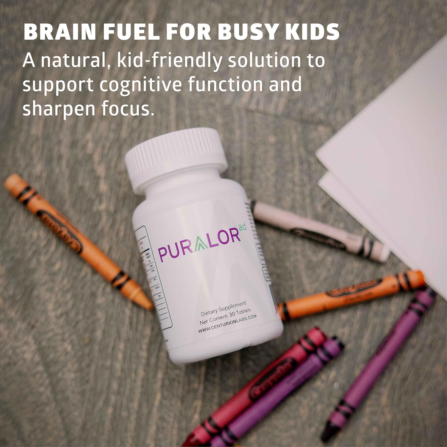 Centurion Premium Puralor AD - Complemento Cognitivo para Niños con Azafrán, Folato, Vitamina C, D y Zinc - 30 Comprimidos Masticables