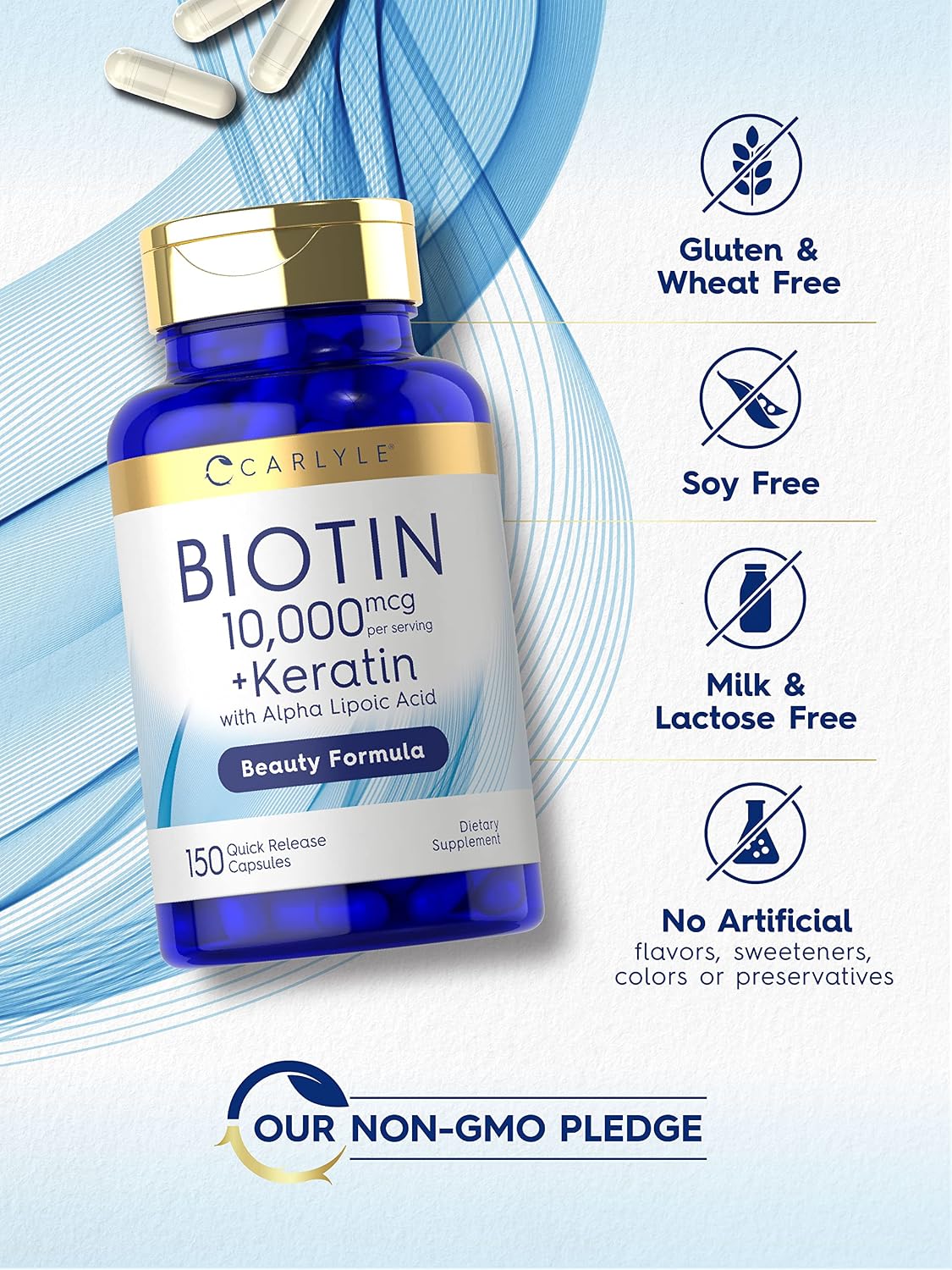 Carlyle Biotin 10000mcg | 150 Cápsulas | Fórmula de Belleza con Keratina | No Transgénico, Sin Gluten