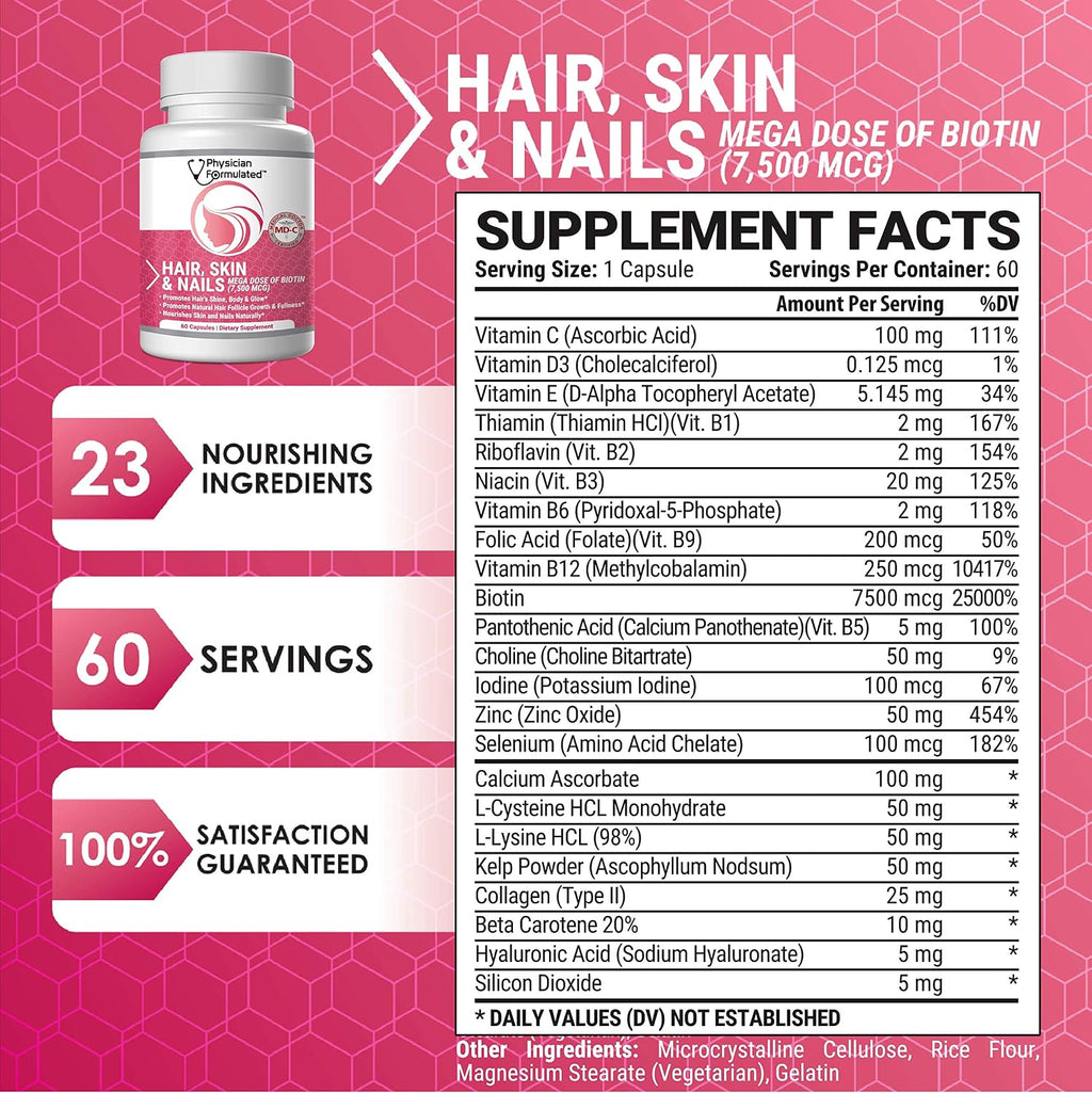 Healthy Hair Skin and Nails - Vitaminas para Cabello, Piel y Uñas con 7500 mcg de Biotina, Colágeno y Ácido Hialurónico - 60 Cápsulas