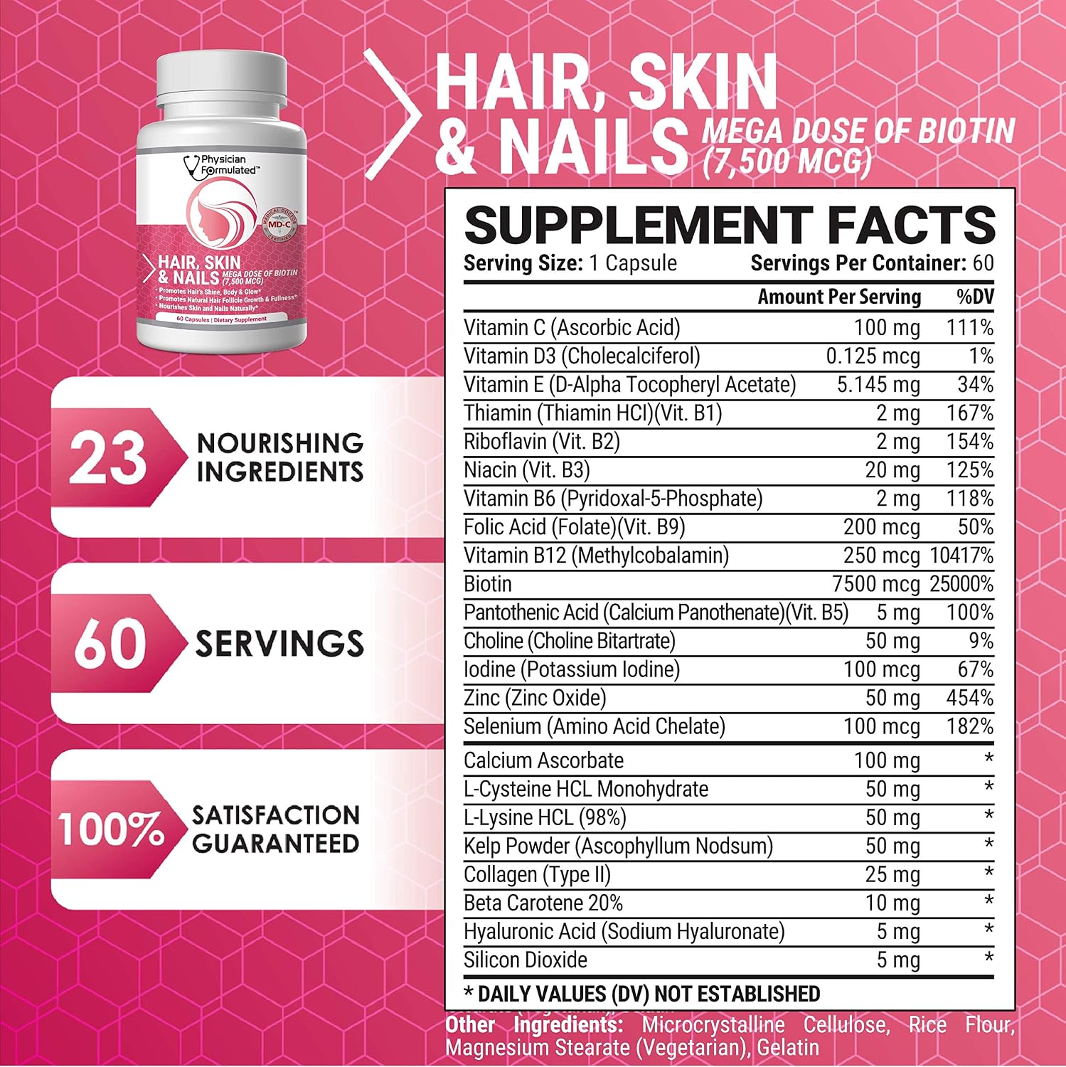 Healthy Hair Skin and Nails - Vitaminas para Cabello, Piel y Uñas con 7500 mcg de Biotina, Colágeno y Ácido Hialurónico - 60 Cápsulas
