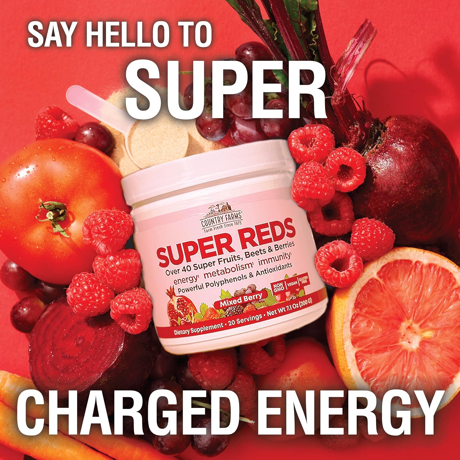 COUNTRY FARMS Super Reds - Superalimento en Polvo, 48 Frutas y Bayas, Antioxidantes, 20 Porciones, Sabor a Bayas Mixtas