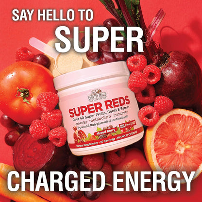 COUNTRY FARMS Super Reds - Superalimento en Polvo, 48 Frutas y Bayas, Antioxidantes, 20 Porciones, Sabor a Bayas Mixtas – Image 6
