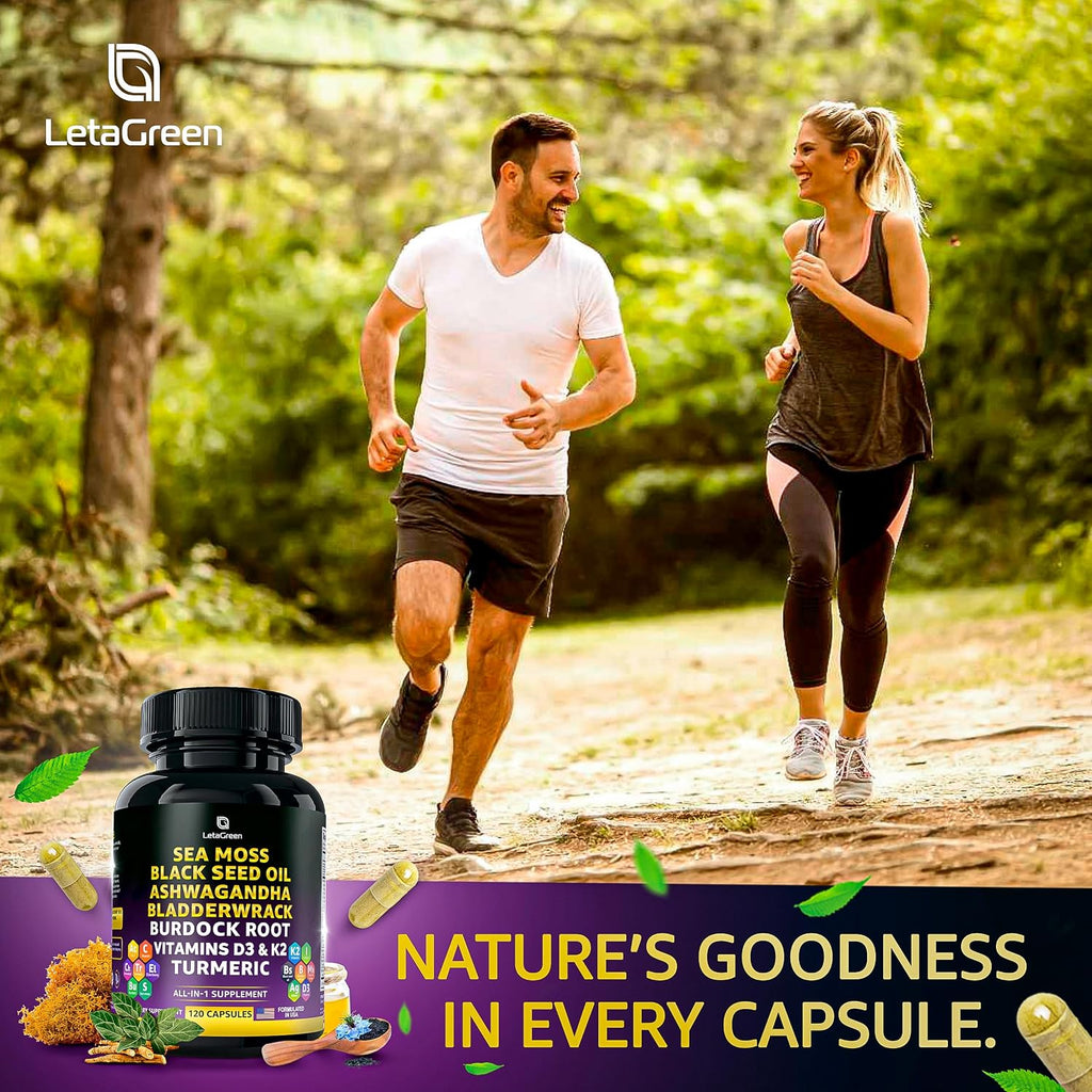 LetaGreen Cápsulas de Sea Moss 17 en 1 – Mezcla Multimineral con Ashwagandha y Vitaminas D3, K2 y C – 120 Cápsulas