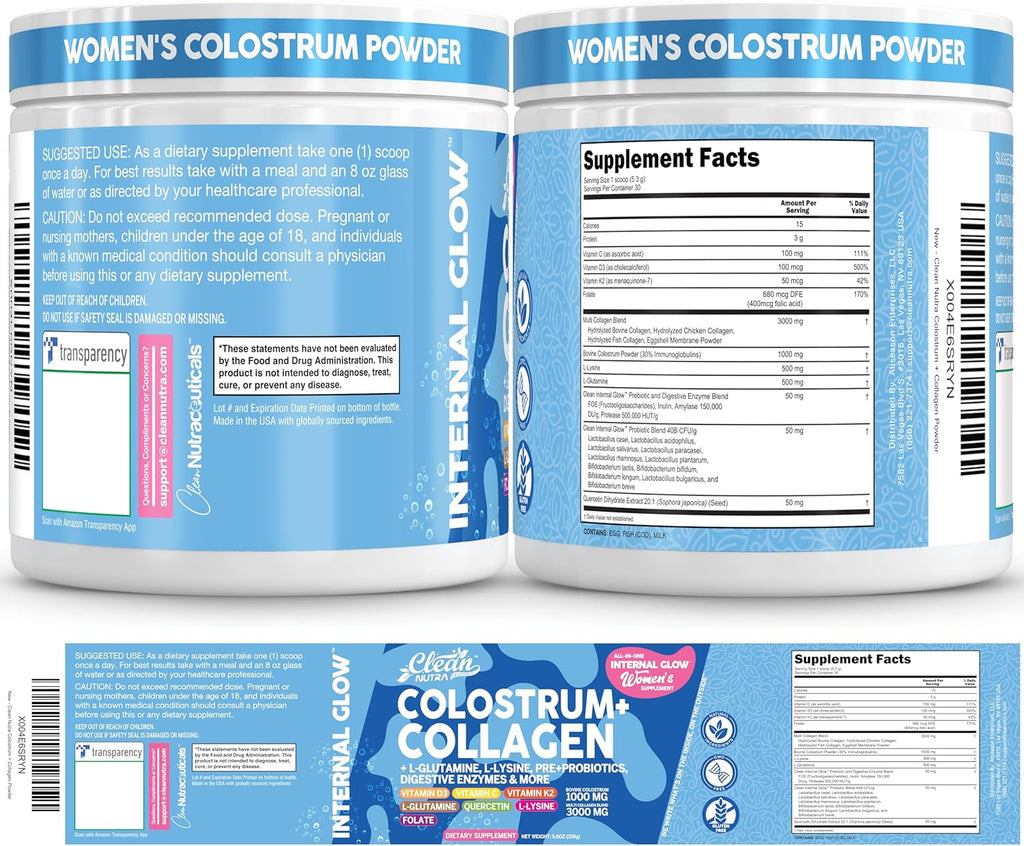 Calostro Bovino en Polvo + Colágeno con L-Glutamina, Vitaminas D, K2, C y Probióticos | Clean Nutra