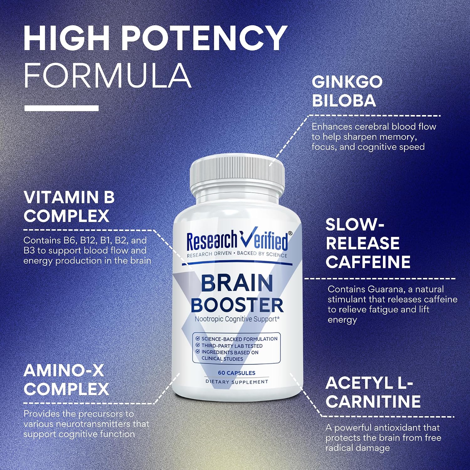 Research Verified Brain Booster - Complemento para la Memoria y la Concentración, Nootrópico con Vitaminas B, Aminoácidos y Hierbas - 180 Cápsulas Veganas (3 Frascos)