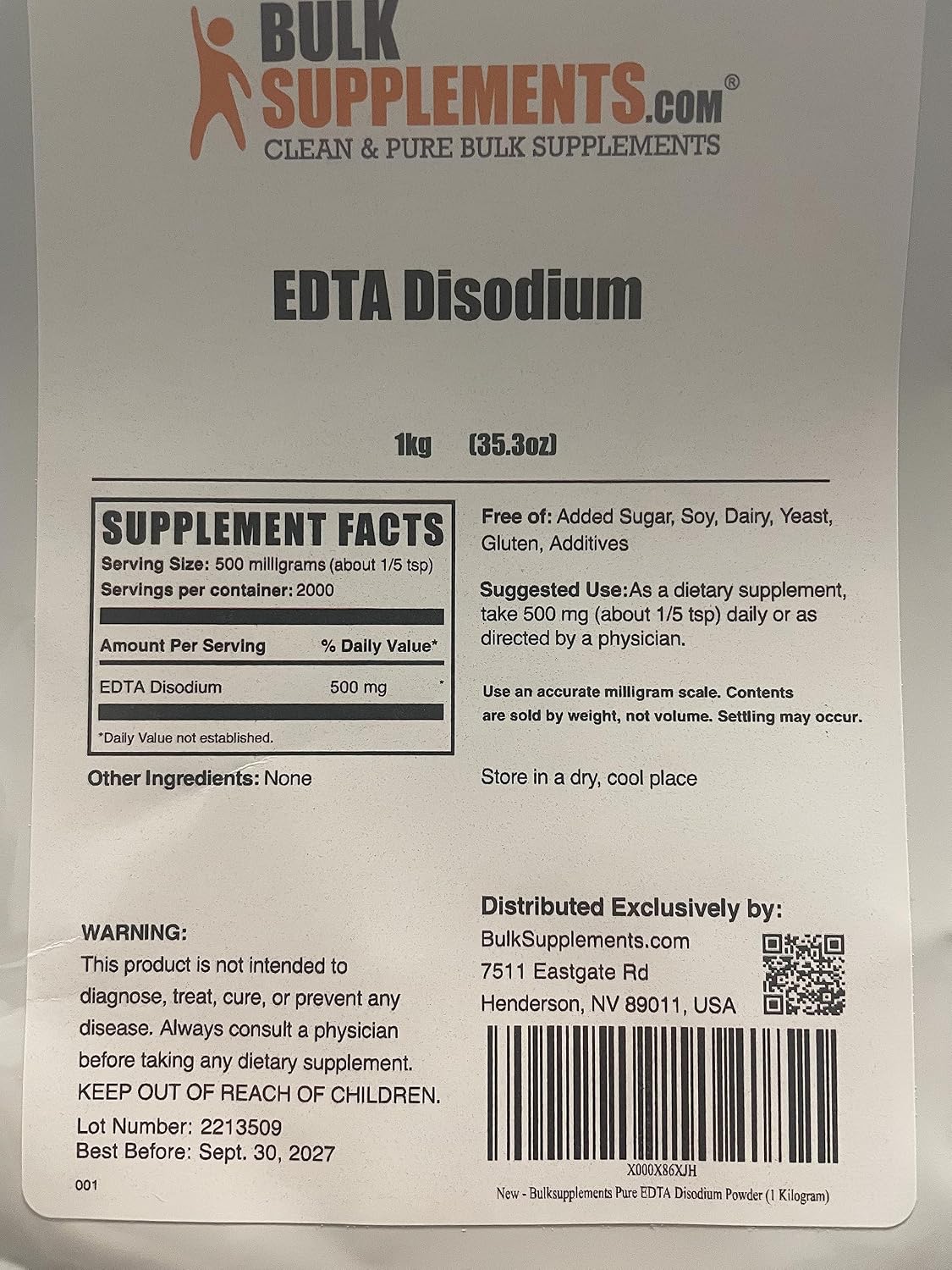 Disodium EDTA Powder - 1 kg (2.2 lbs) - Food Grade, Pure and Gluten Free