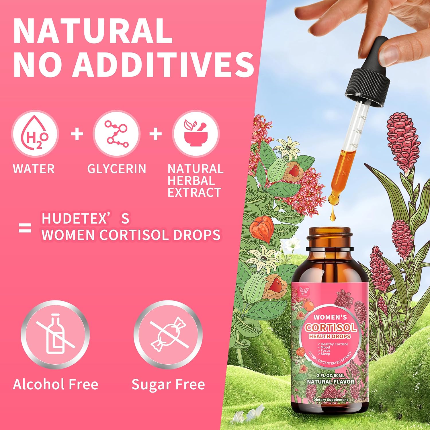 Hudetex Cortisol Supplements for Women Liquid Drops - With Ashwagandha, L-theanine, Phosphatidylserine, Rhodiola Rosea, Plus Black Pepper, Vegan, Natural Flavor, 2 Fl Oz (60 ml)