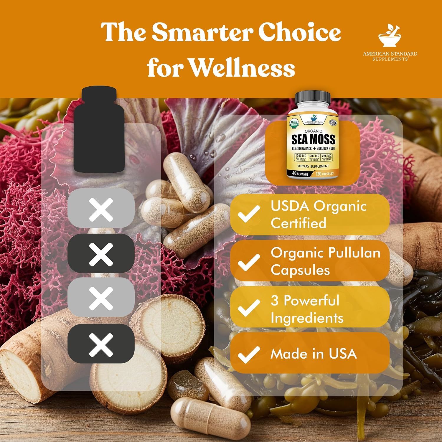 American Standard Supplements Cápsulas Orgánicas de Sea Moss, Bladderwrack y Burdock Root - 1200mg Sea Moss, 1200mg Bladderwrack, 225mg Burdock Root por Dosis - 120 Cápsulas, 40 Dosis