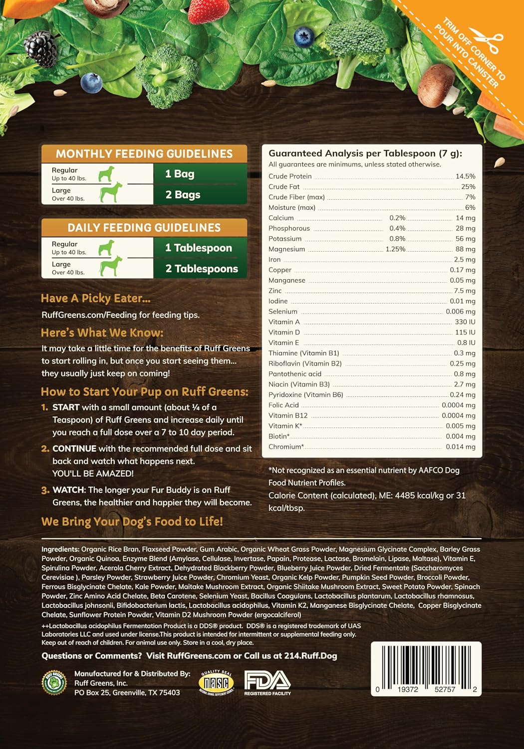 Ruff Greens VitaSmart - Complemento en polvo para perros con 25 vitaminas y minerales, 15 probióticos y 20 enzimas digestivas - 6.9 oz