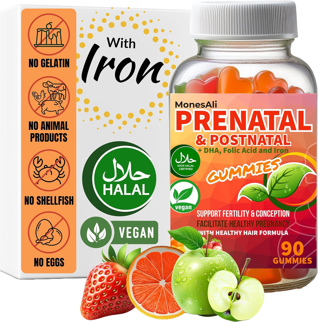 MonesAli Prenatal Gummies - Multivitamínico Prenatal y Postnatal Vegano con Folato, DHA, Hierro y Biotina - 90 Gominolas