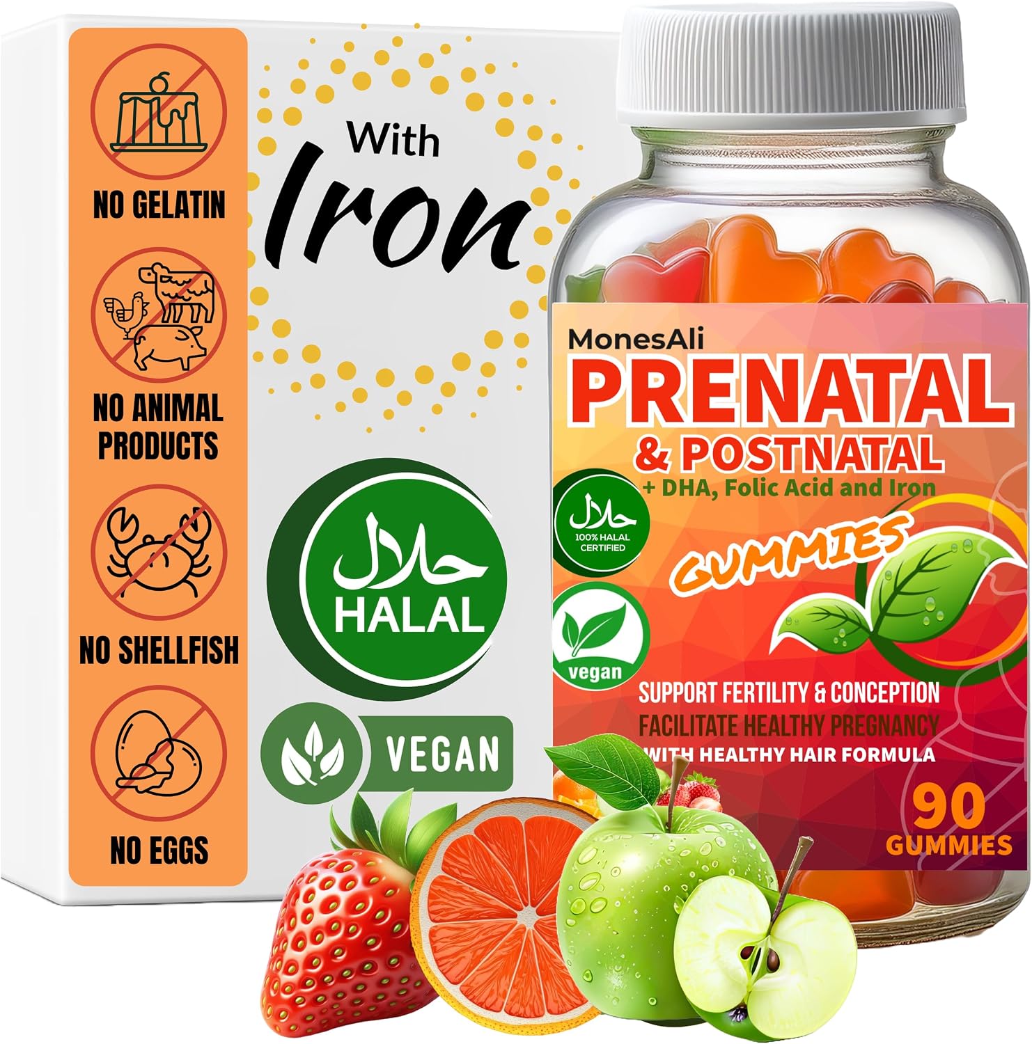 MonesAli Prenatal Gummies - Multivitamínico Prenatal y Postnatal Vegano con Folato, DHA, Hierro y Biotina - 90 Gominolas