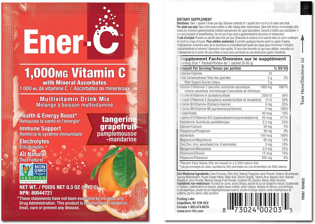 Ener-C Tangerine & Grapefruit Mezcla Multivitamínica en Polvo, 1000mg Vitamina C